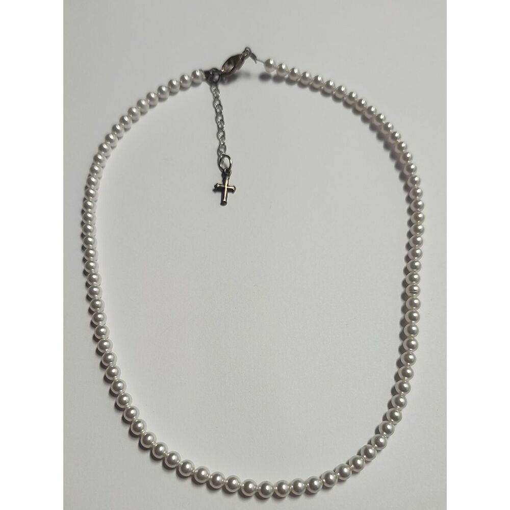 Classic Faux White Pearl Beaded Necklace w/ 925 Sterling Cross Accent & Clasp